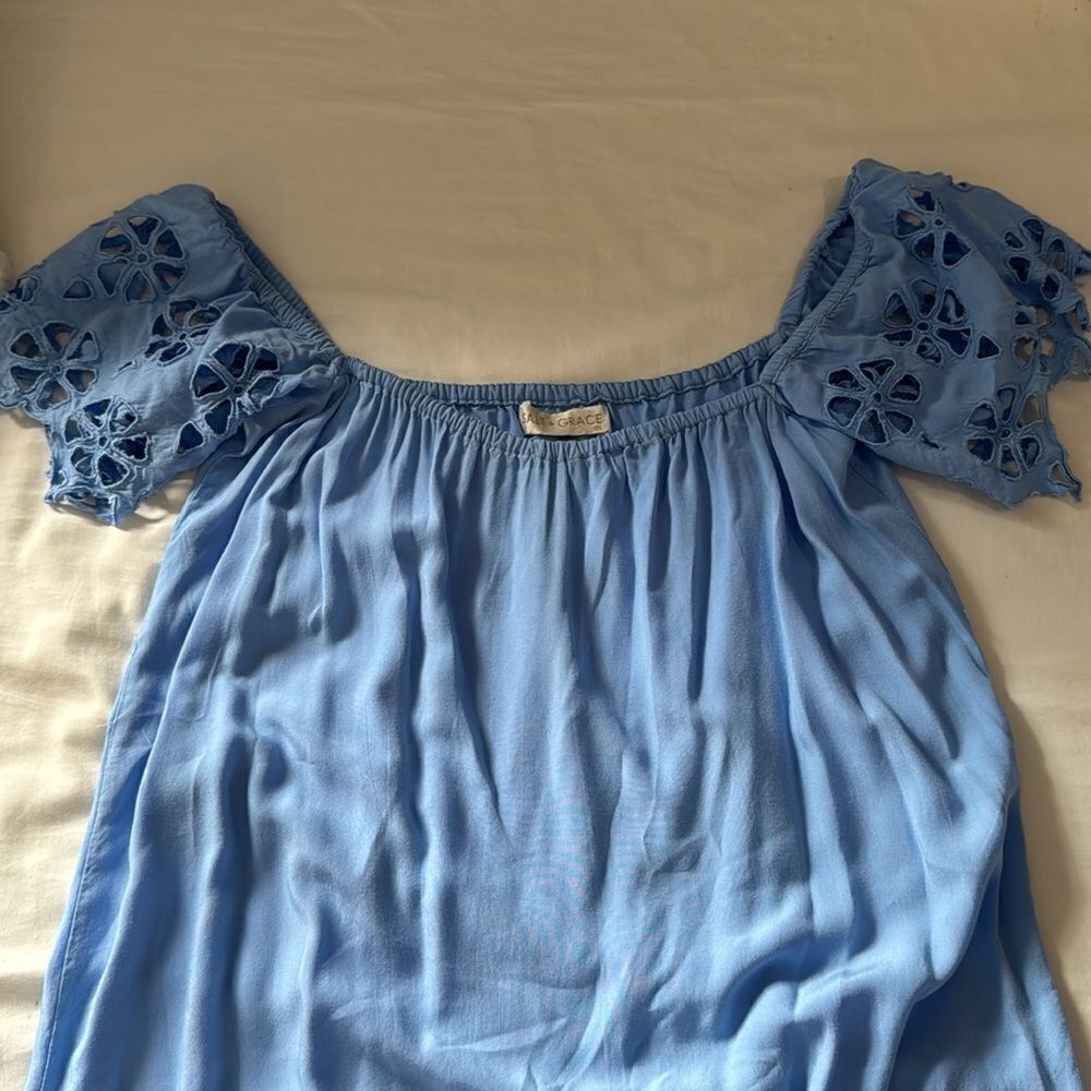 SALT + GRACE sky blue cut out off shoulder boho dress coverup by Tiare Hawaii - Picture 4 of 7